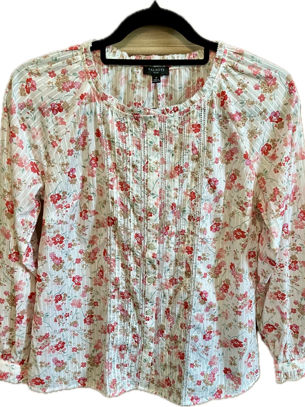 Talbots Cream Floral Pintuck Button-Front Blouse - Pink & Red Flowers